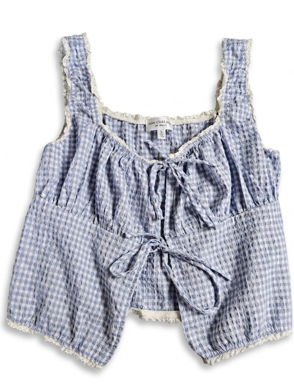 One Clothing LA Blue Gingham Lace Trim Tie Front Milkmaid Tank Top L